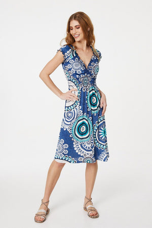 Teal | Mosaic Print V-Neck Dress