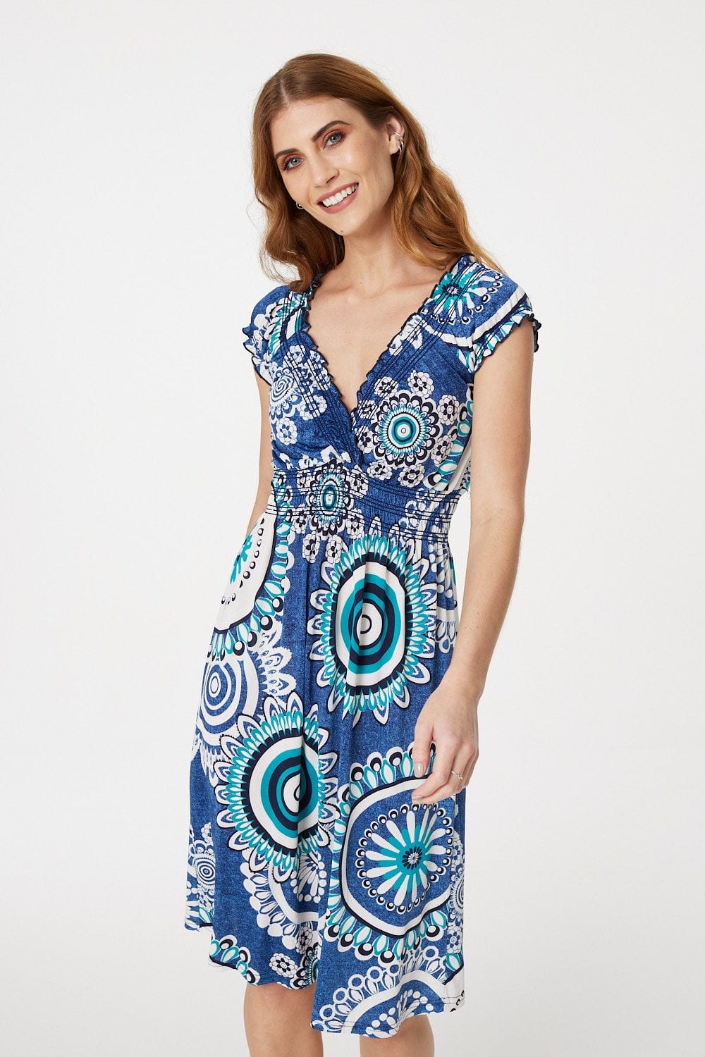 Teal | Mosaic Print V-Neck Dress