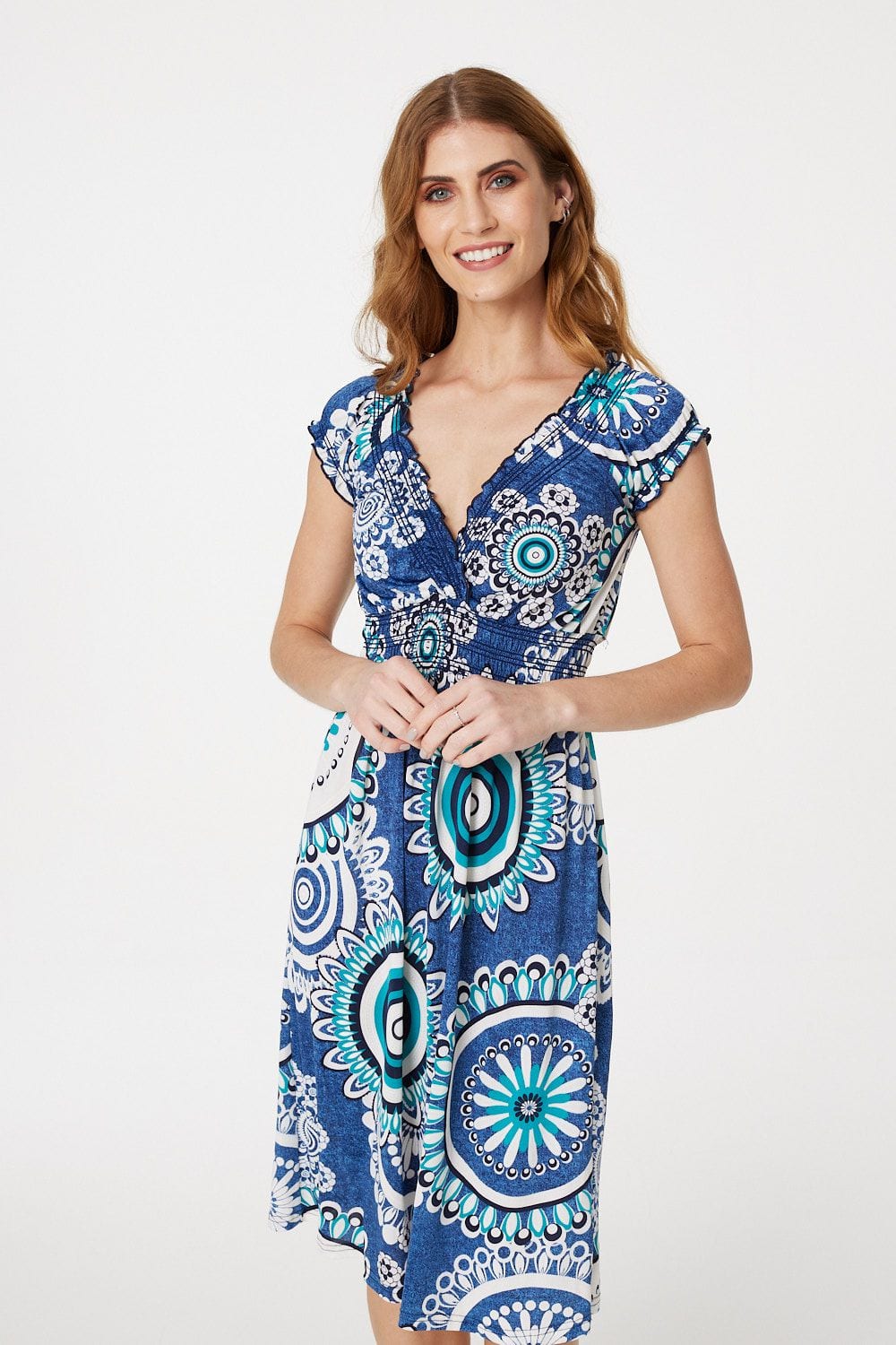 Teal | Mosaic Print V-Neck Dress
