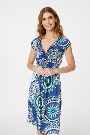 Teal | Mosaic Print V-Neck Dress