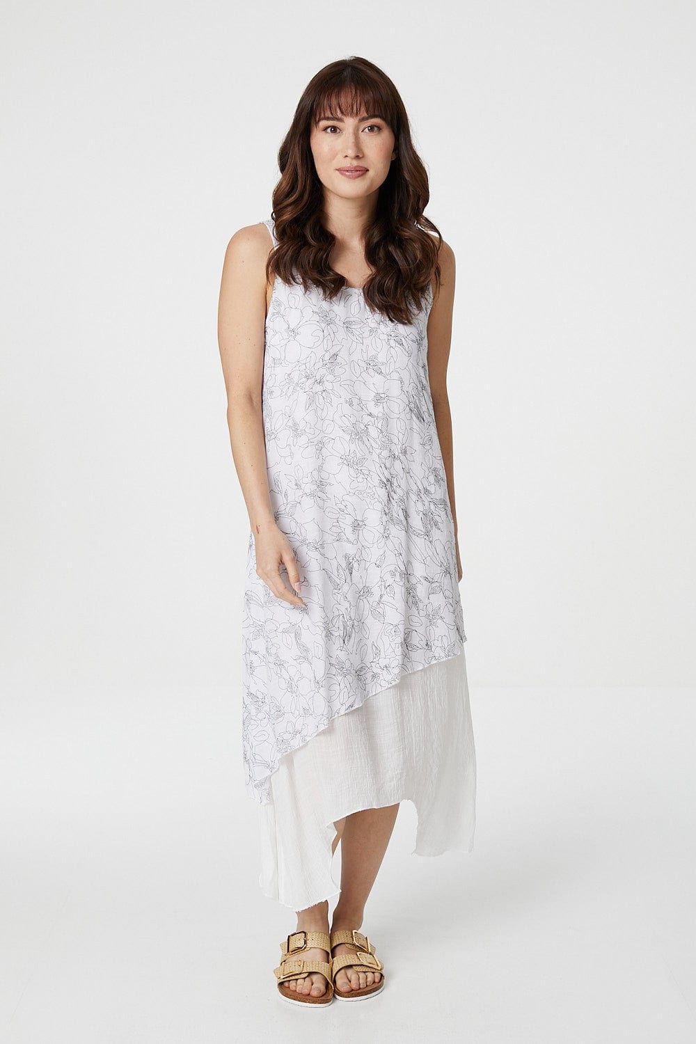 White | Floral Contrast Layered Tunic Dress