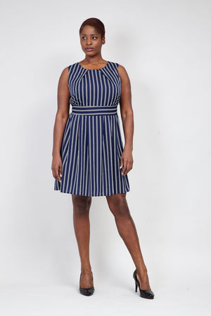 Navy | Curve Striped Tie Back Skater Dress