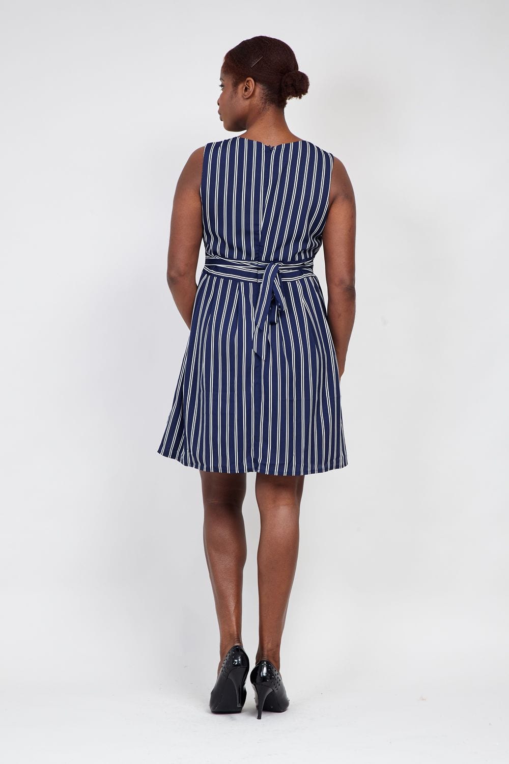 Navy | Curve Striped Tie Back Skater Dress
