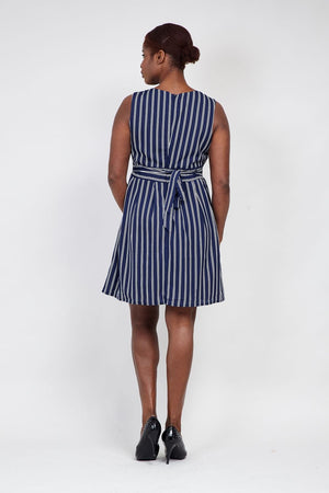 Navy | Curve Striped Tie Back Skater Dress