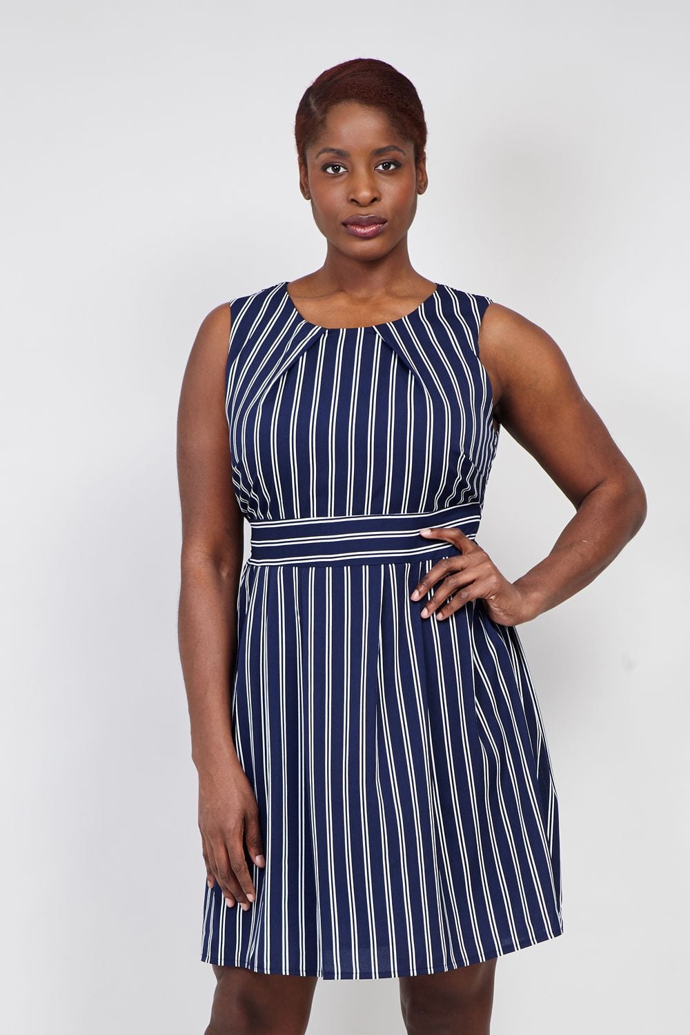Navy | Curve Striped Tie Back Skater Dress