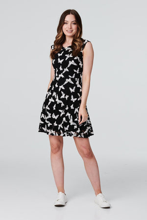 Black | Butterfly Print Skater Dress