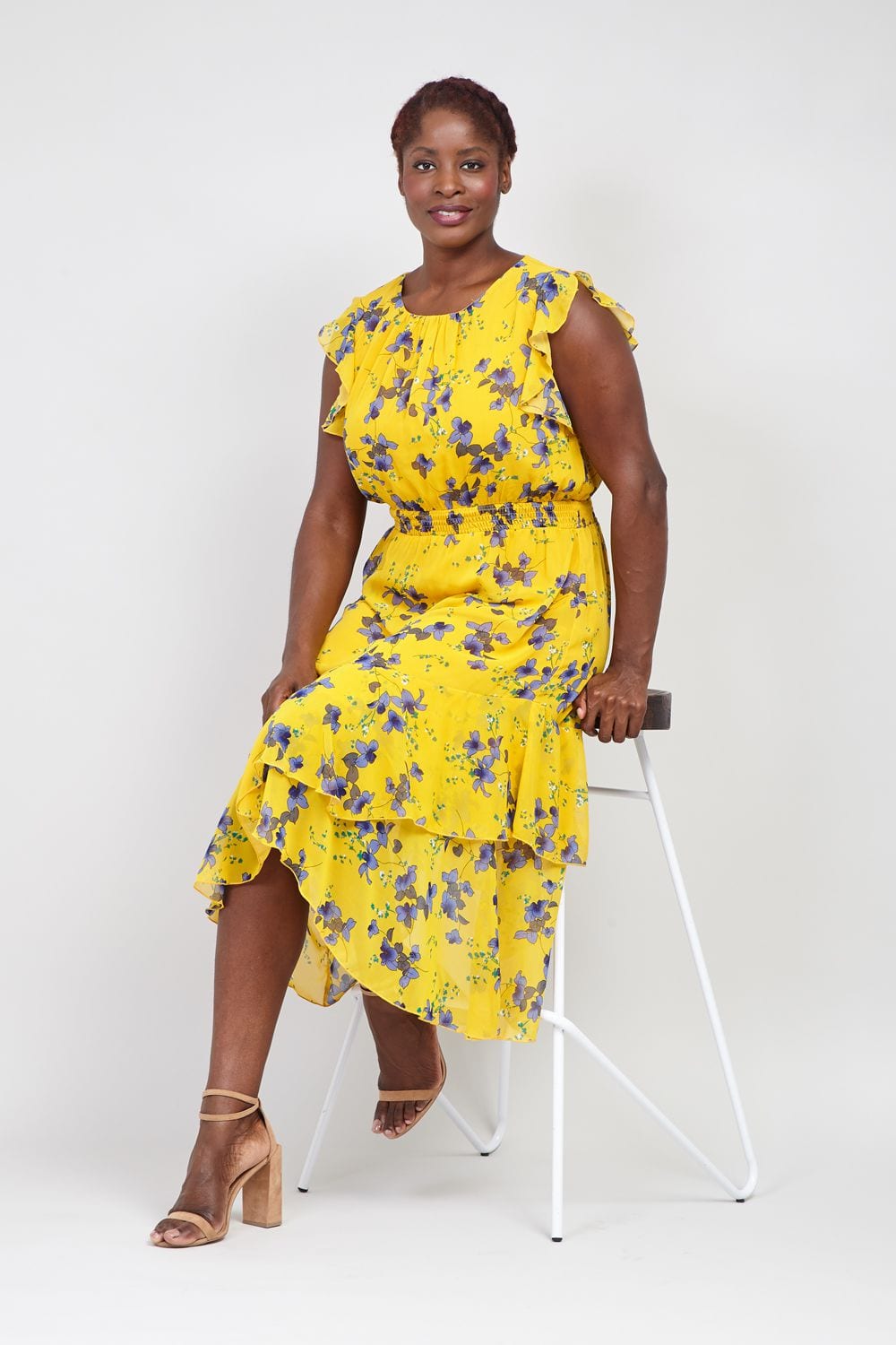 Yellow | Curve Floral & Frill Midi Dress