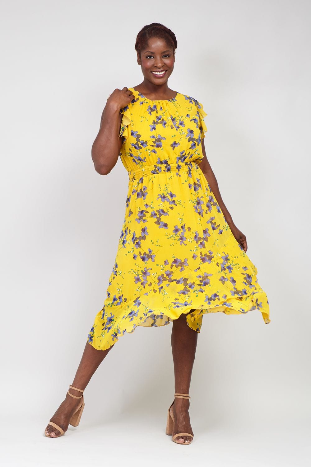 Yellow | Curve Floral & Frill Midi Dress