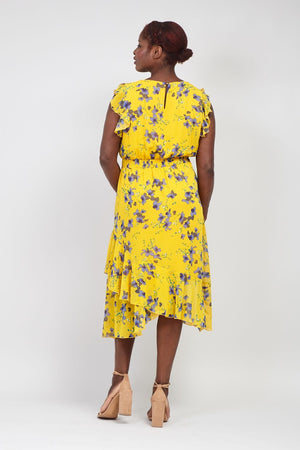 Yellow | Curve Floral & Frill Midi Dress
