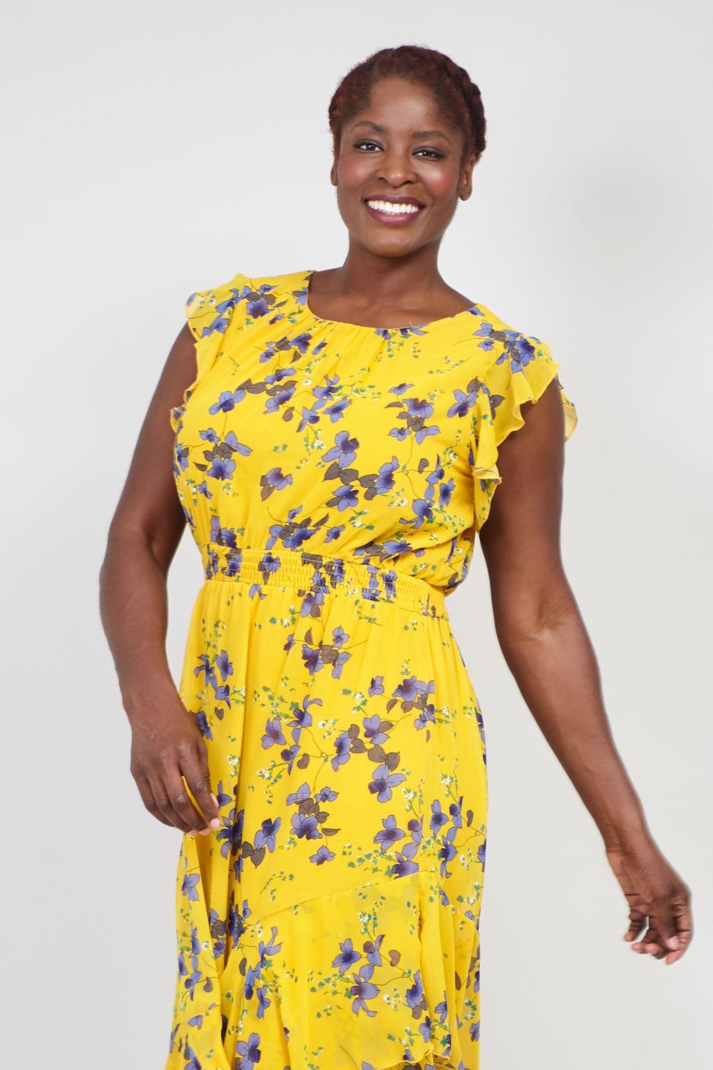 Yellow | Curve Floral & Frill Midi Dress