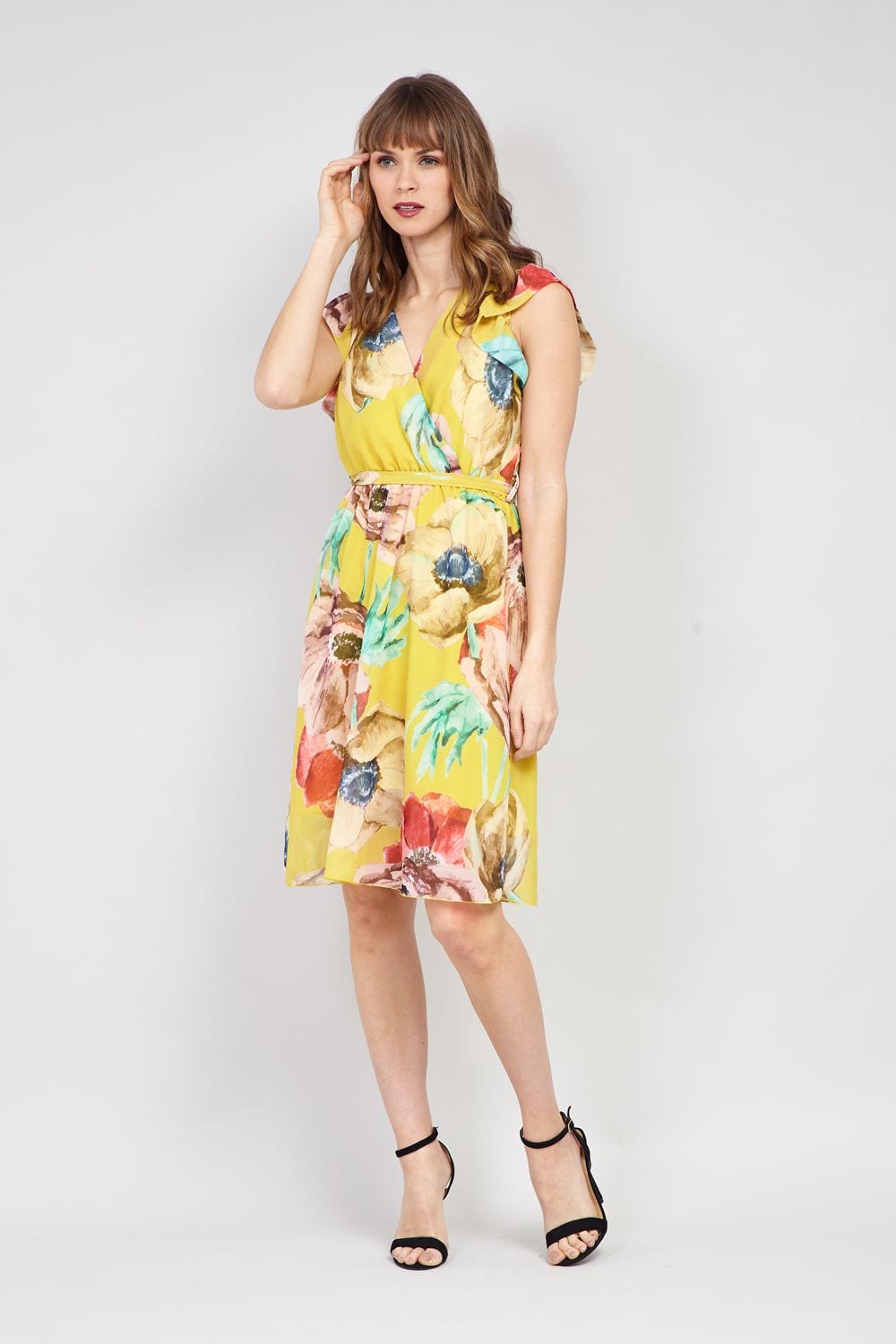 Yellow | Floral Wrap Front Fit & Flare Dress