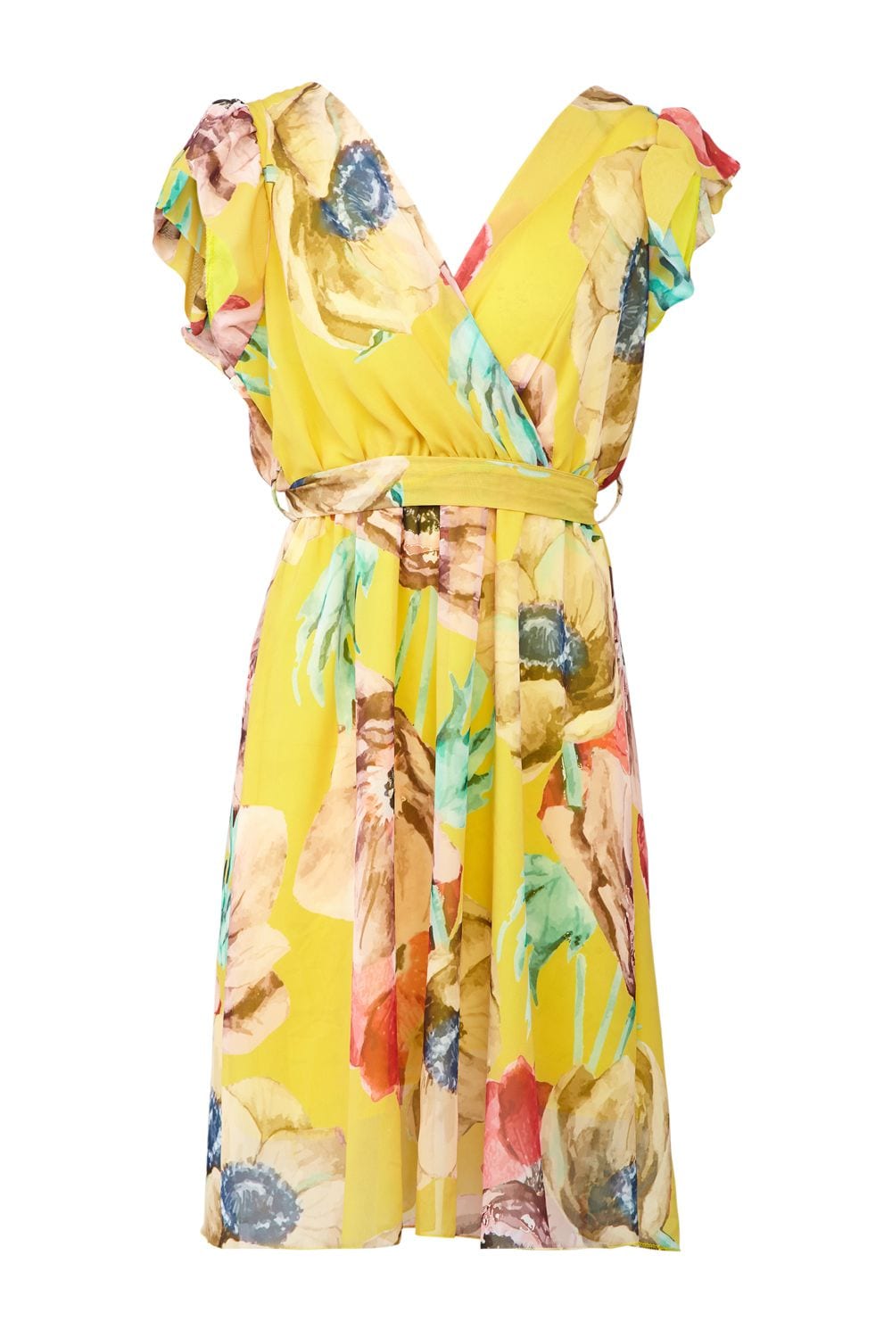 Yellow | Floral Wrap Front Fit & Flare Dress