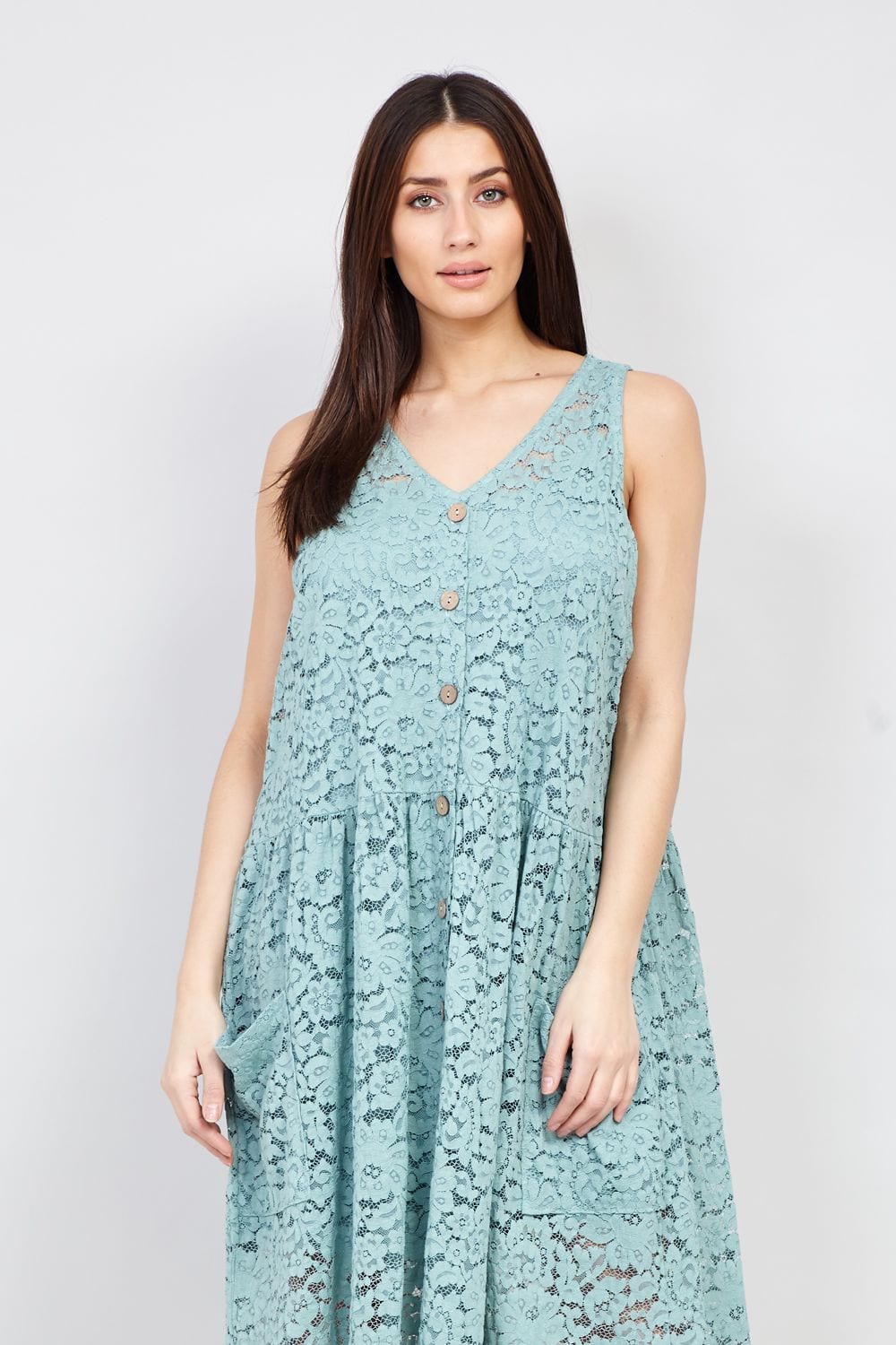 Green | Button Front Lace Midi Dress