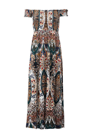 Green | Peacock Print Bardot Dress