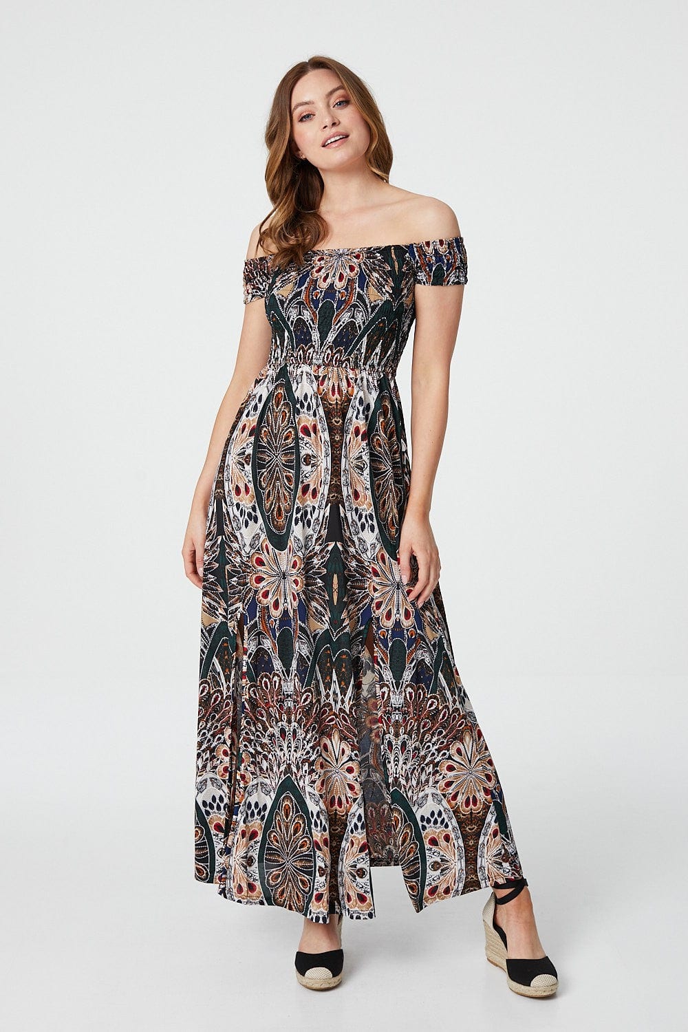 Green | Peacock Print Bardot Dress