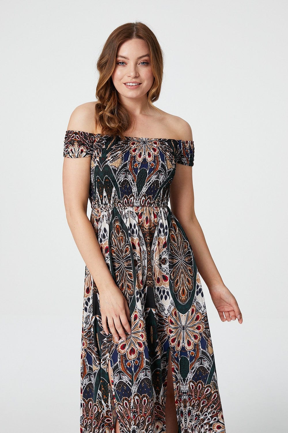 Green | Peacock Print Bardot Dress
