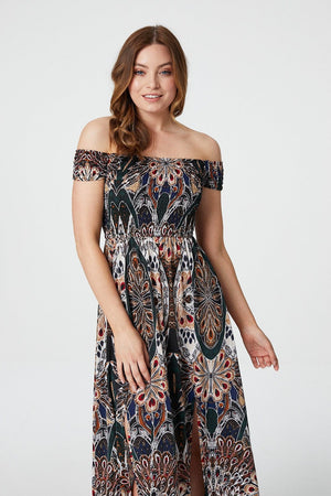Green | Peacock Print Bardot Dress