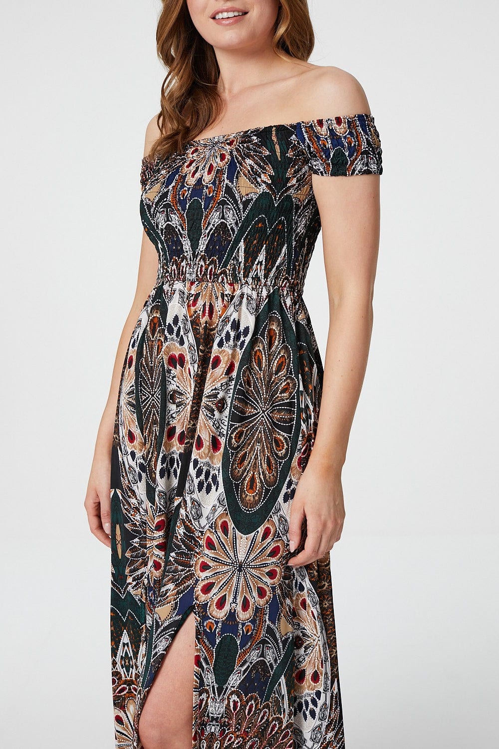 Green | Peacock Print Bardot Dress
