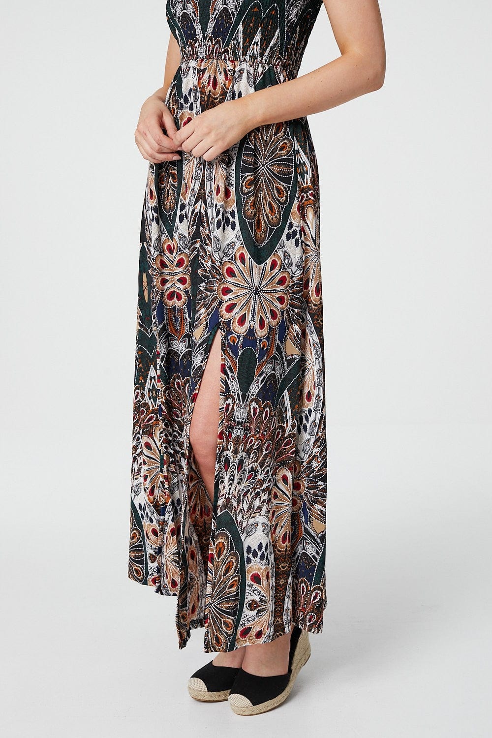 Green | Peacock Print Bardot Dress