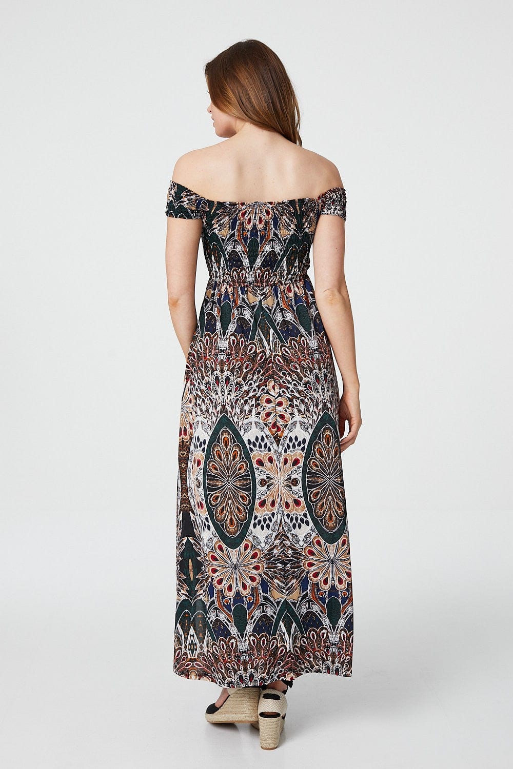 Green | Peacock Print Bardot Dress