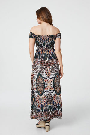 Green | Peacock Print Bardot Dress