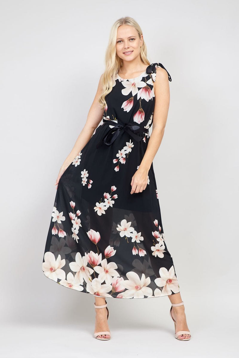 Black | Floral Tie Sleeve Dress