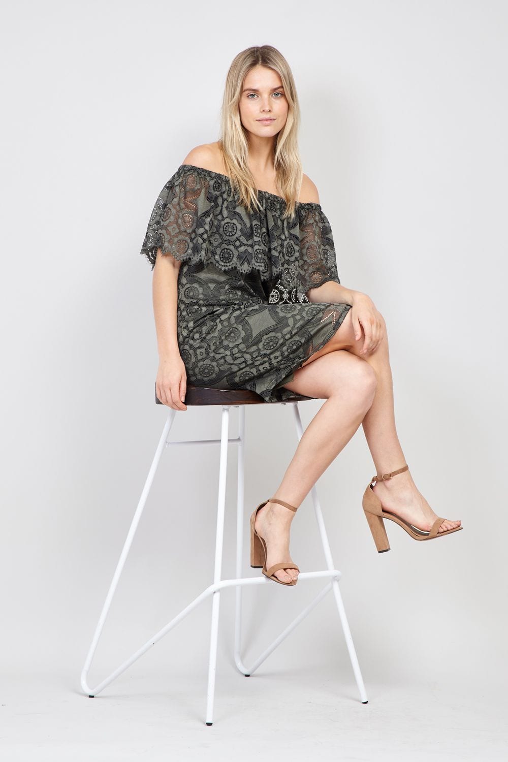 Khaki | Geo Lace Bardot Dress