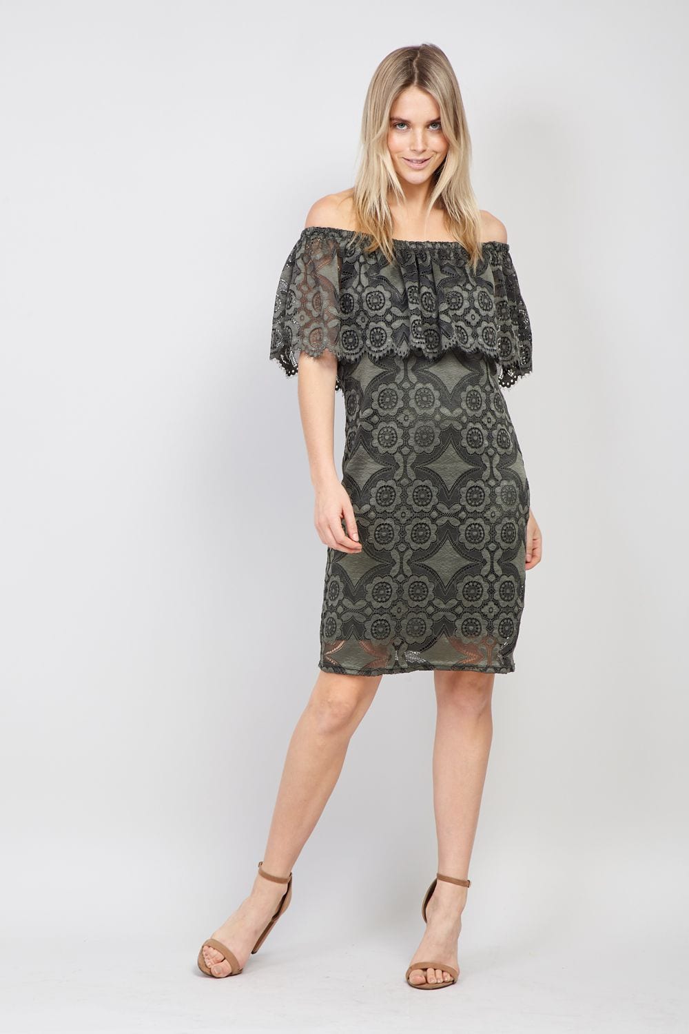Khaki | Geo Lace Bardot Dress