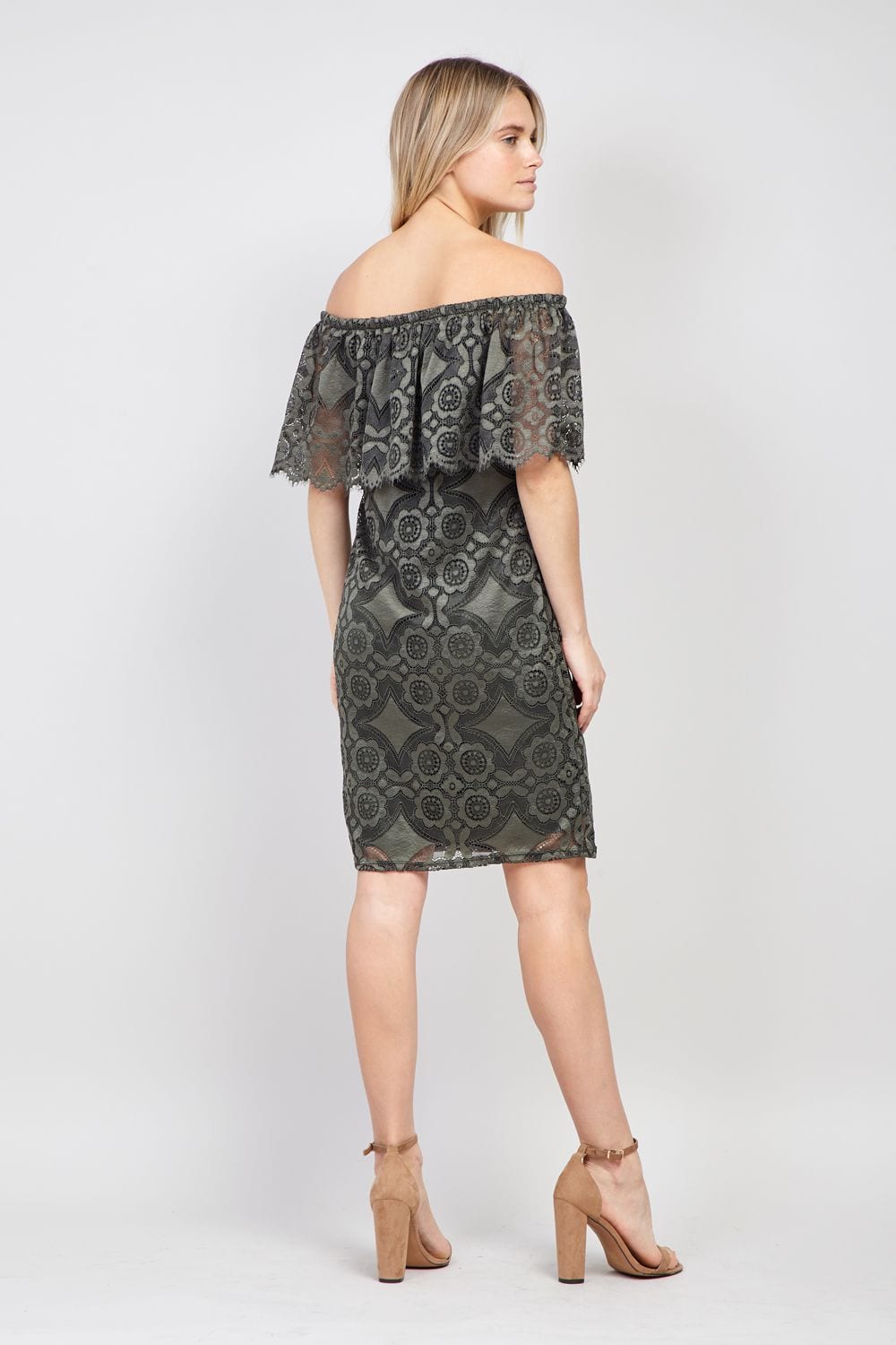 Khaki | Geo Lace Bardot Dress