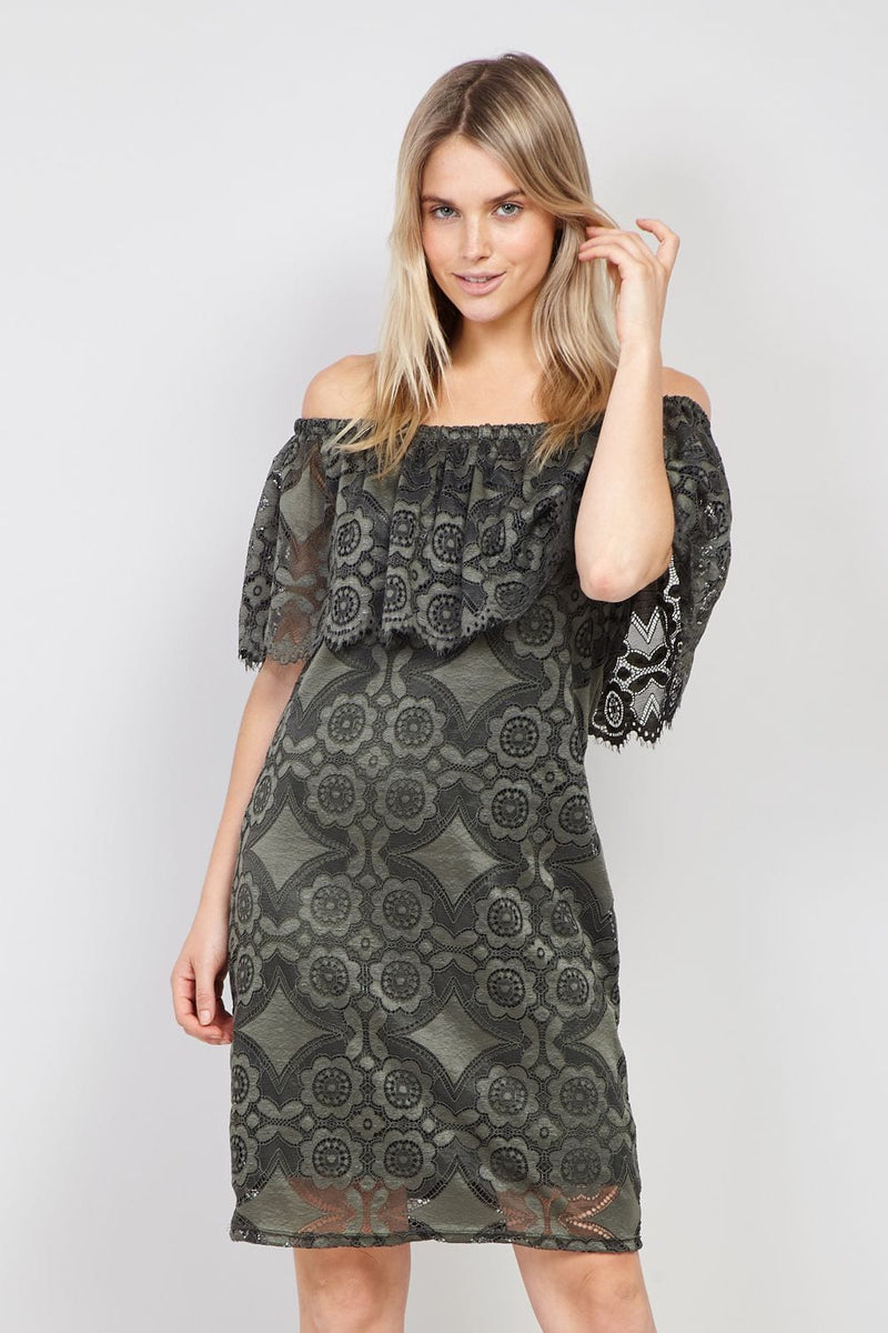 Khaki | Geo Lace Bardot Dress