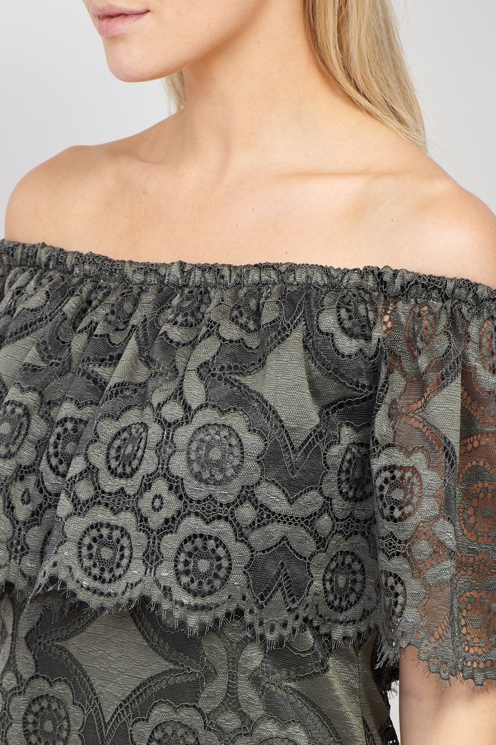 Khaki | Geo Lace Bardot Dress