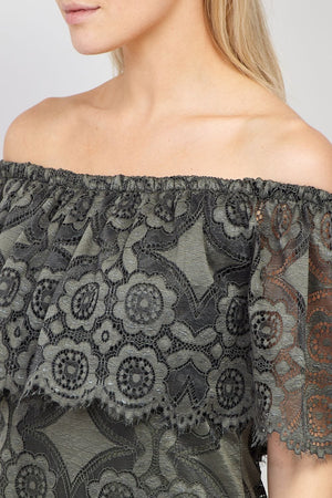Khaki | Geo Lace Bardot Dress