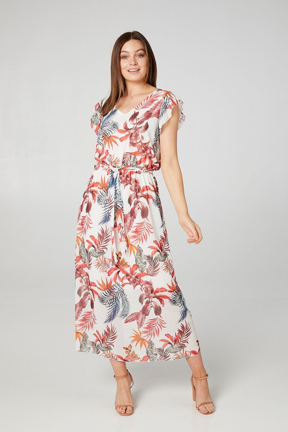 White | Floral Belted Maxi Dress