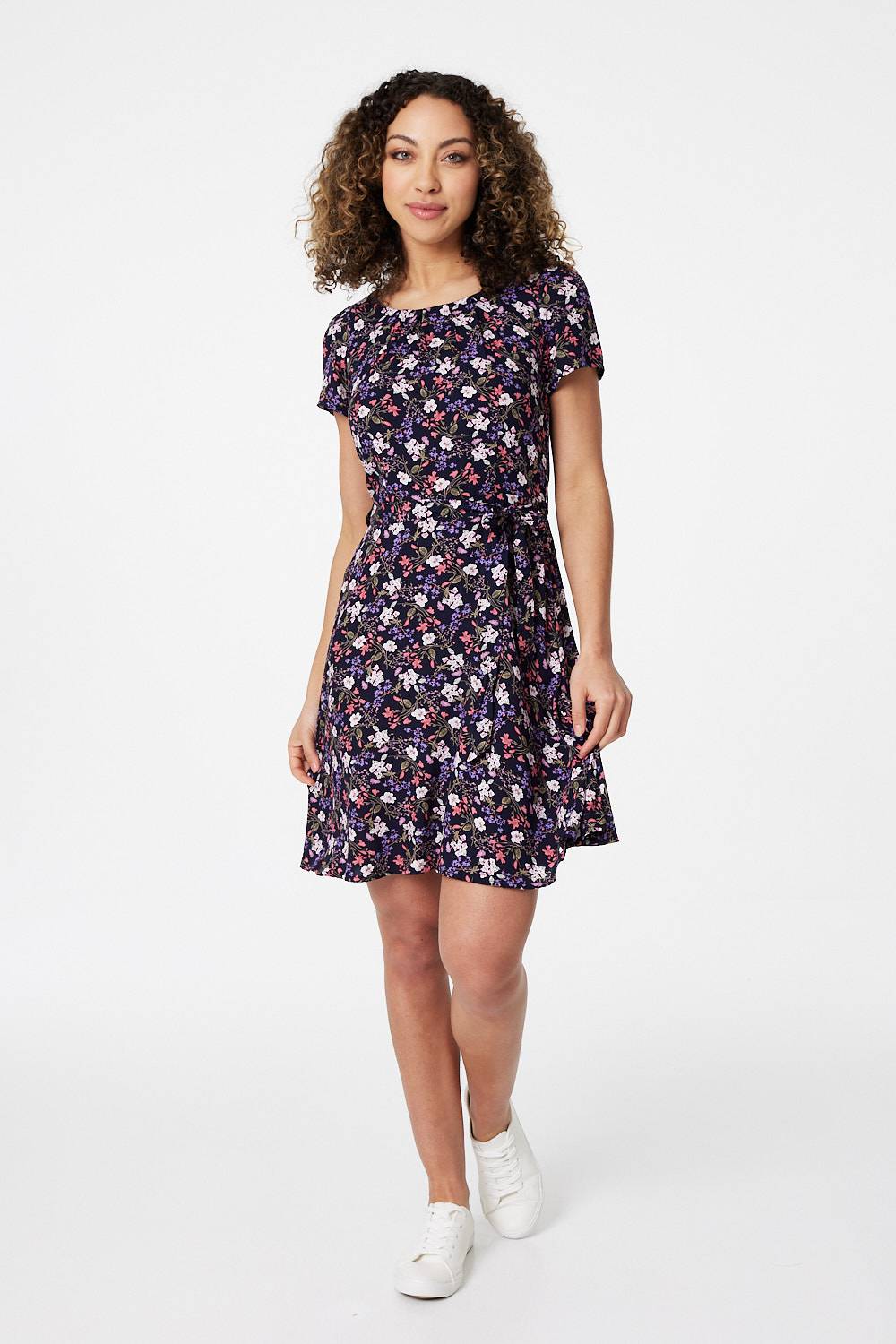 Navy | Floral Tie Waist Skater Dress