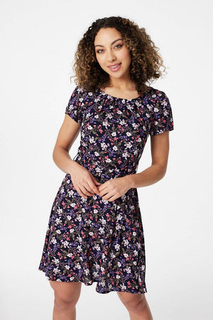 Navy | Floral Tie Waist Skater Dress