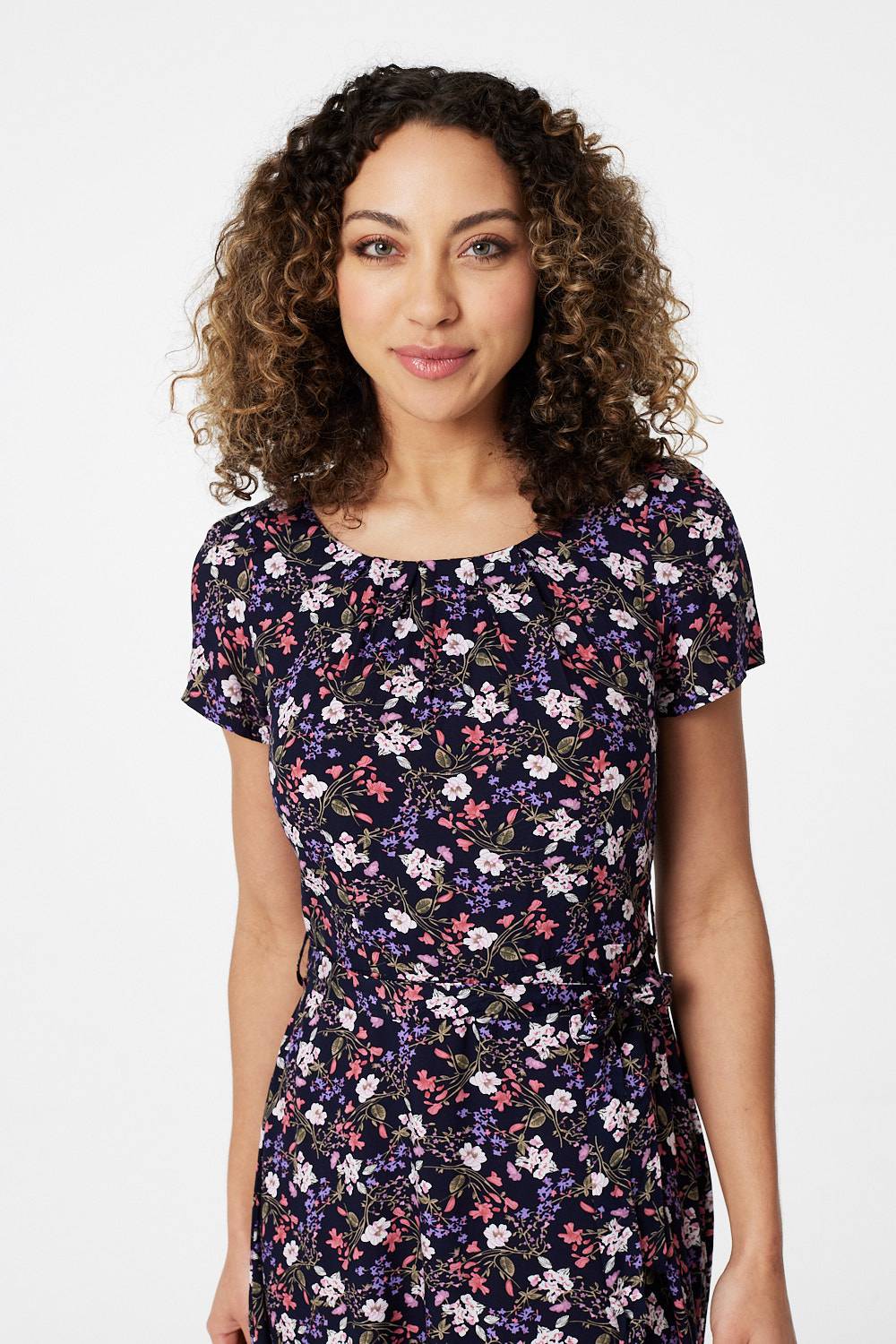 Navy | Floral Tie Waist Skater Dress