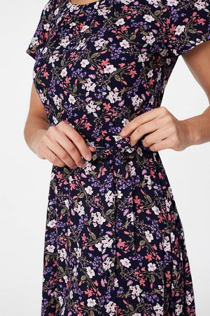 Navy | Floral Tie Waist Skater Dress