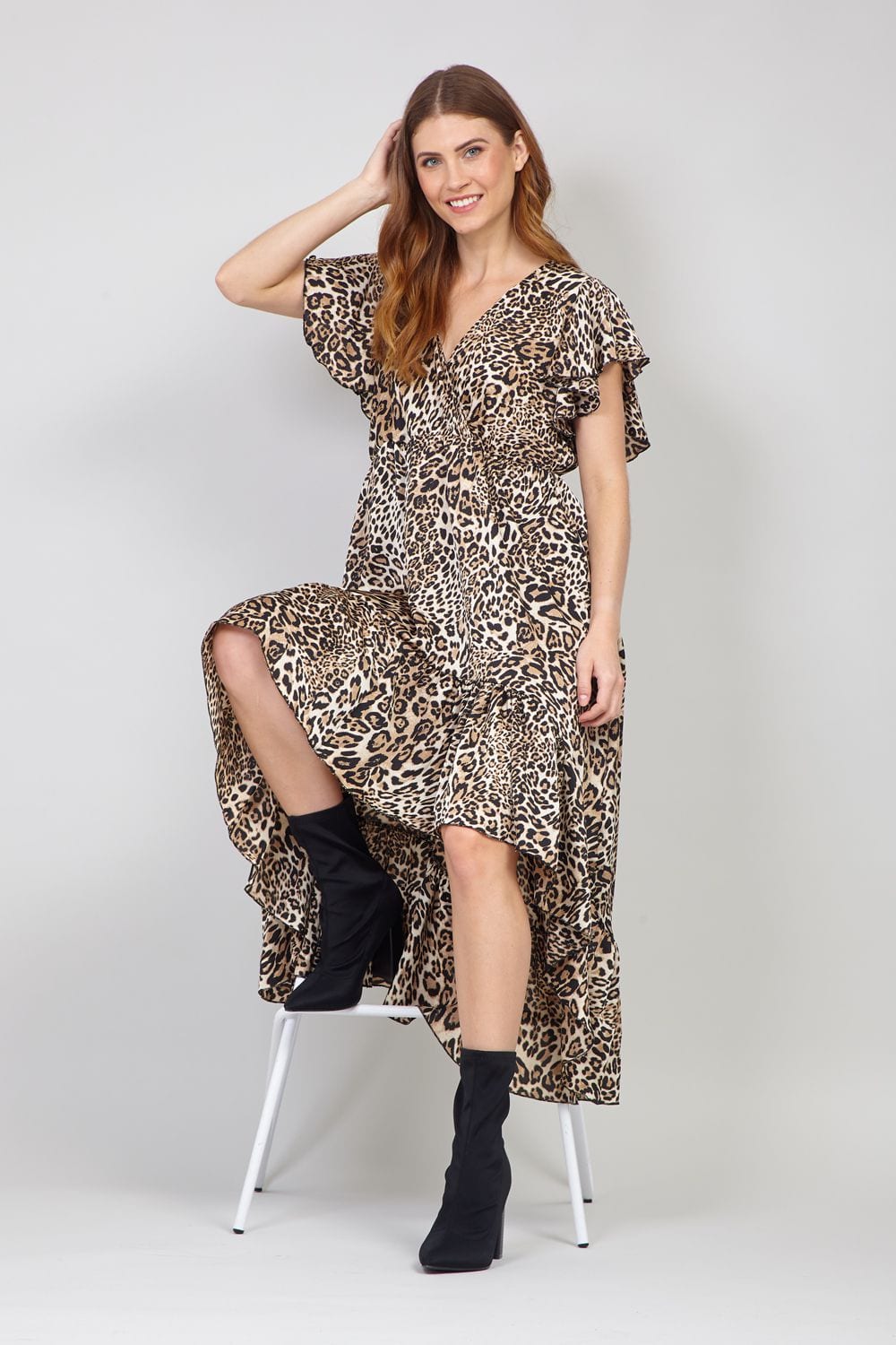 Brown | Leopard Wrap Midi Dress
