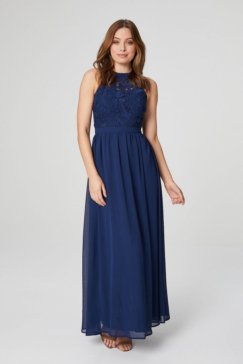 Metallic lace and jersey round neck halter gown deals