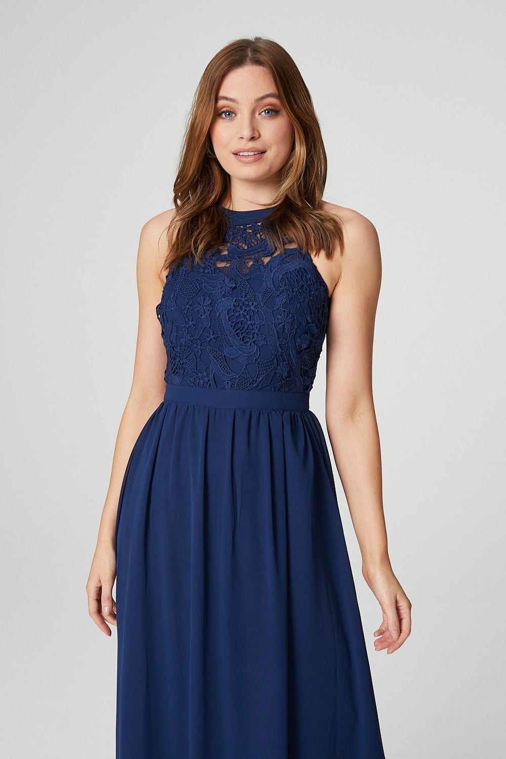 Blue | Lace Bodice Halter Neck Gown