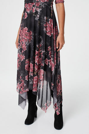 Black | Floral Hanky Hem Wrap Dress