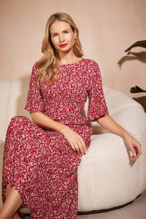 Red | Ditsy Floral Midi Tea Dress