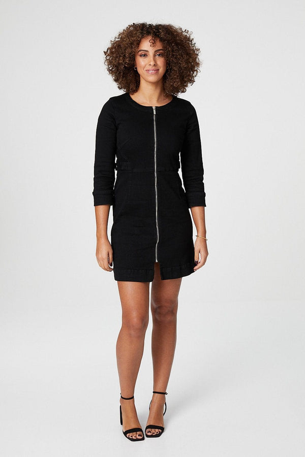 Black | Zip Front Collarless Denim Dress