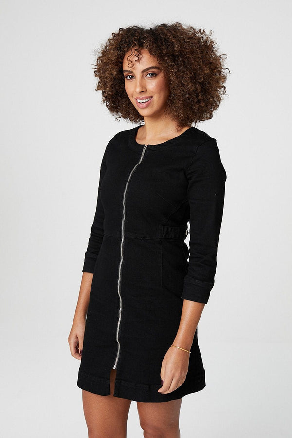 Black | Zip Front Collarless Denim Dress : Model is 5'9.5"/176 cm and wears UK8/EU36/US4/AUS8