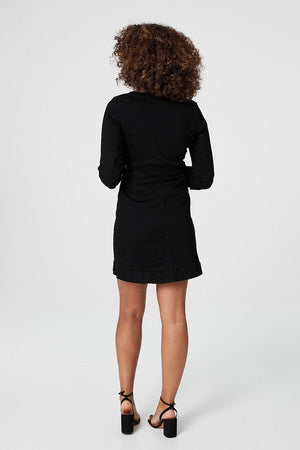 Black | Zip Front Collarless Denim Dress