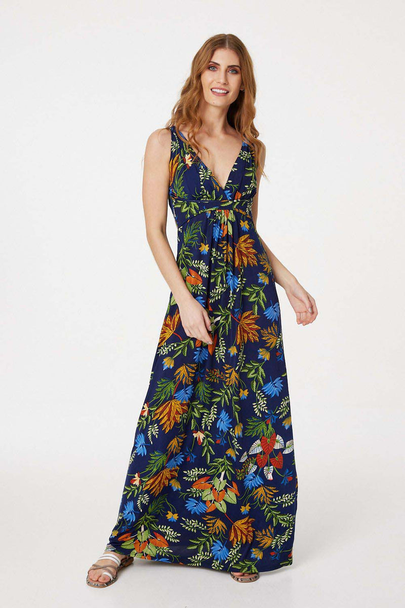Navy | Tropical Print Plunge Maxi Dress