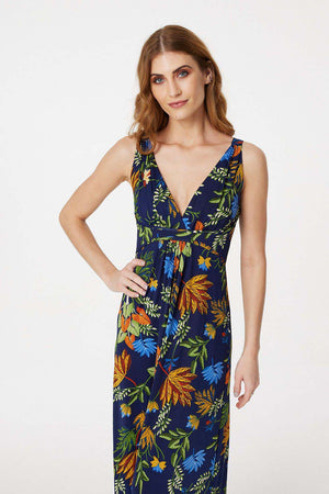 Navy | Tropical Print Plunge Maxi Dress