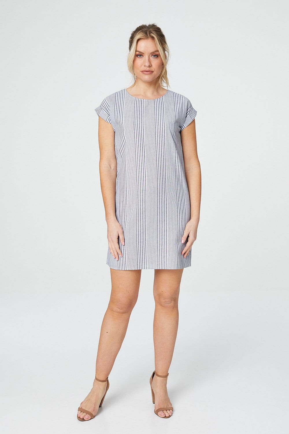Navy | Vertical Stripe Cap Sleeve Shift Dress