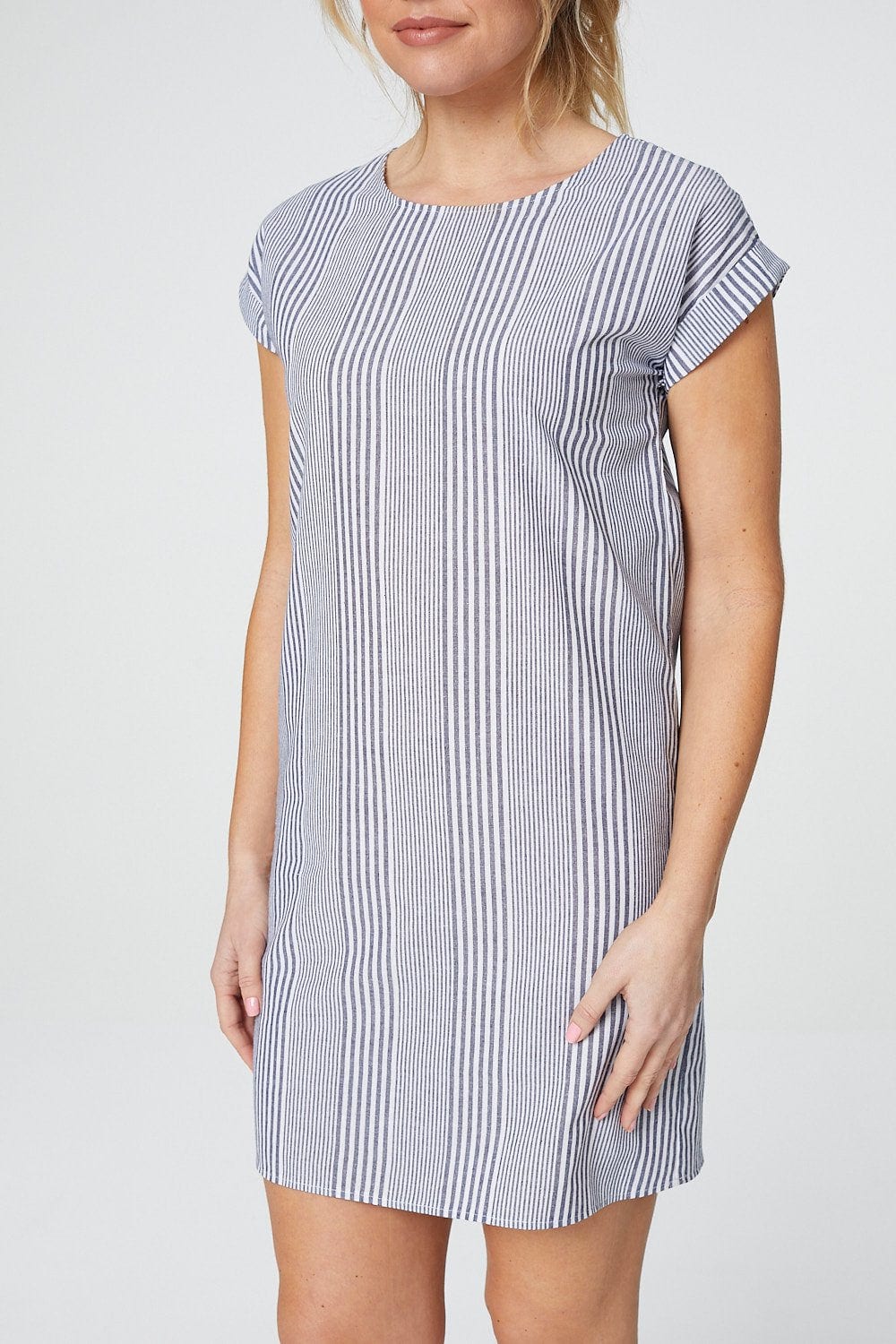 Navy | Vertical Stripe Cap Sleeve Shift Dress