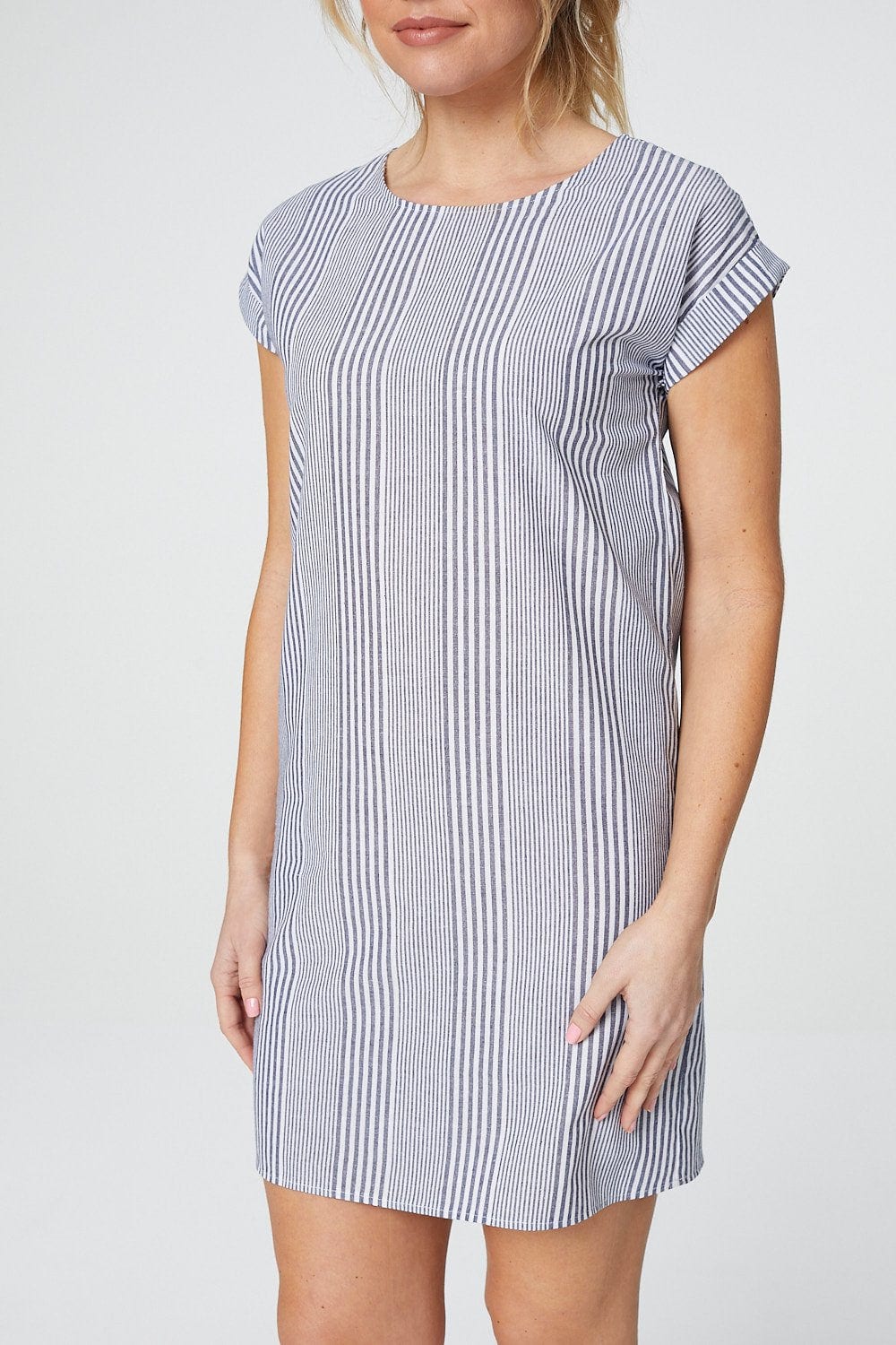Navy | Vertical Stripe Cap Sleeve Shift Dress
